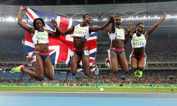 Unbridled joy for Team GB’s Darryl Neita, Asha Philip, Desiree Henry and Dina Asher-Smith after they took bronze in the women’s 4x100m relay with a national record time